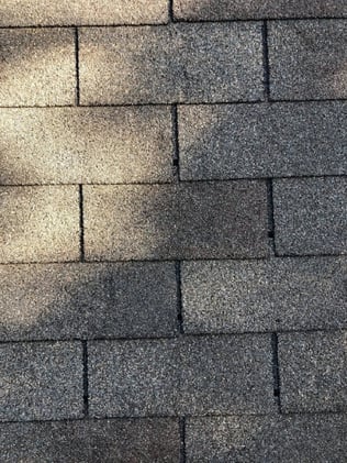 Three-tab asphalt shingles on a roof.