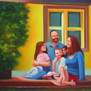 happy family in front of house